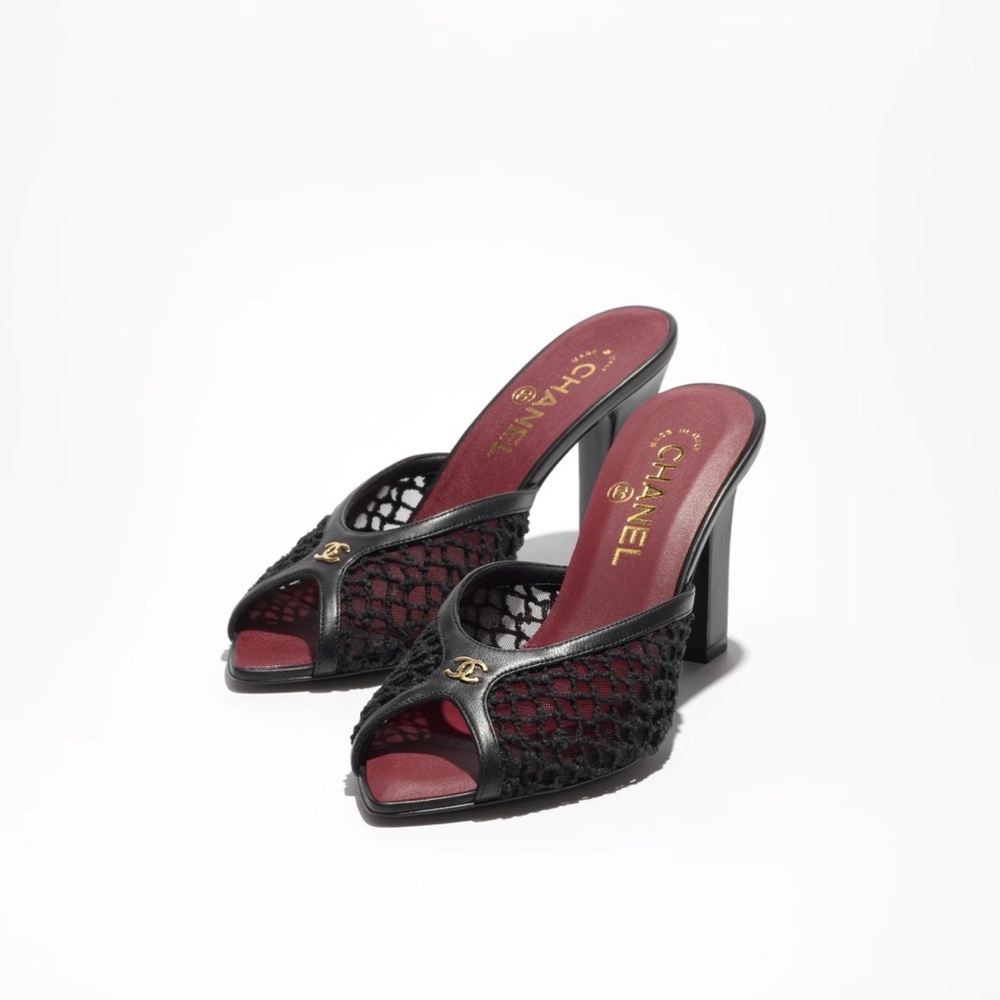 CHANEL Black Mesh Open-Toe Mules with Burgundy Insole